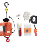Heavy Duty 440 Lbs Portable Electric Hoist Winch With 110V Wireless Remote Control and Manual Lever Operation shown with remote, gloves, and accessories.