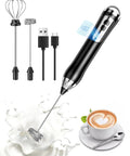 Boss Level Rechargeable Handheld Milk Frother Wand With IP67 Waterproof Build 3 Speed Settings 6000/9000/13000rpm shown with accessories