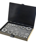 20 Piece Hexagon Rethreading Die Set With Right Hand Threads In Metal Case, open display showing various die sizes from 1/4-20 to 1-14.