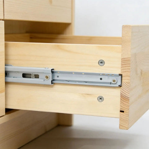Heavy Duty Full Extension Drawer Slides, 14 Inch Two Pair, White Coated Steel Runners installed in wooden drawer for smooth glide.