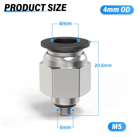 Push To Connect Pneumatic Fitting, Male Straight 4mm Tube OD To M5 Thread, PC4 M5 Pack Of 10, Copper And Plastic Construction