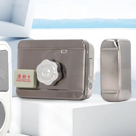 No Stress Keyless Door Deadbolt With Beast Mode Electronic Smart Lock Core in brushed stainless steel with smart card reader.