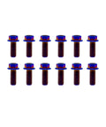 Front view: pack of 12 burnt blue titanium flange hex bolts, M6x1.0x13mm, 6AL4V aerospace grade
