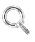 Close-up of 4 Pack 316 Stainless Steel One Quarter Inch UNC Eye Bolts With Shoulder Lifting Rings, threaded.