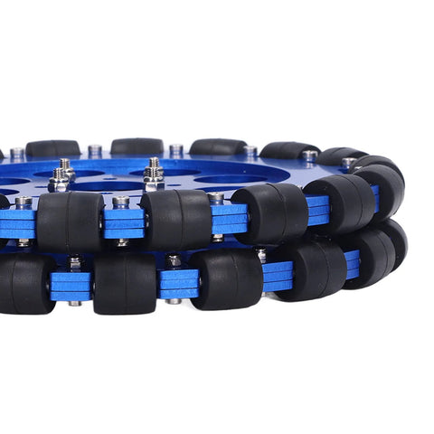 Omni wheel set with blue aluminum hub and black omnidirectional wheels for DIY two-wheel kit