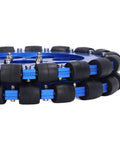 Omnidirectional wheel module with blue aluminum hub and black silicone rollers; two-wheel edge view
