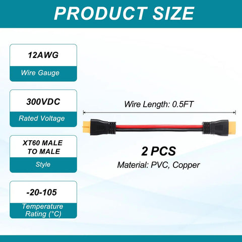 XT60 Extension Cable 12AWG 0.5 Foot Male To Female Connector For RC Cars Drones Solar Panels FPV Gear And Portable Power Stations Beefy Build For High Current shown with specs.
