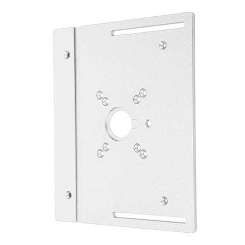 Slick Aluminum Router Flip Board With Heavy Duty Plastic Backer For No Sweat Bit Swaps On Table Saw Lift Plates and detailed view of mounting holes.