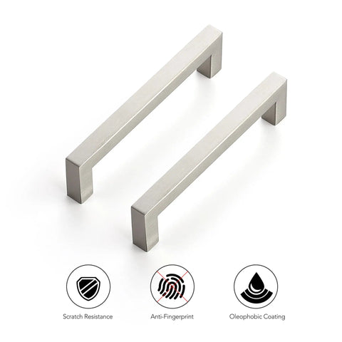 Two brushed nickel handles, part of 60 Pack Square Cabinet Handles In Brushed Nickel Stainless Steel Drawer Pulls For Kitchens Cabinets Cupboards And Furniture 5 Inch Center To Center Durable Modern Hardware, showcasing durability features with icons for scratch resistance, anti-fingerprint, and oleophobic coating.