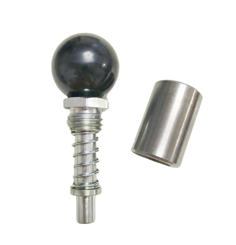 Tough As Nails Spring Loaded Pull Pin With Comfortable Ball Handle Quick Release Steel Plunger Dowel Rod For Machine Tooling And Workshop Rigging Gear Three Eighth Inches Pair close-up view of pin and shaft