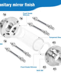 Exploded view of in-line sight glass assembly, 1.5 inch tri-clamp, stainless steel flanges and tempered glass tube