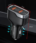 Blazing 120W USB C Car Charger With Four Ports And PD 3.0 Quick Charge, compact design, dimensions 0.98 x 1.8 x 2.99 inches.