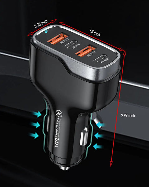 Blazing 120W USB C Car Charger With Four Ports And PD 3.0 Quick Charge, compact design, dimensions 0.98 x 1.8 x 2.99 inches.