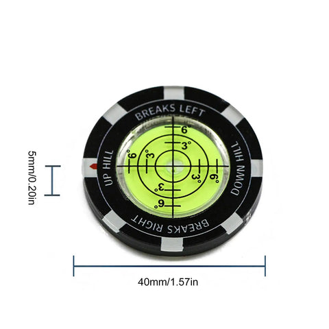 Precision Reader Levels Golf Marker And Putting Aid With Round Bubble Level for Reading Greens showing measurements