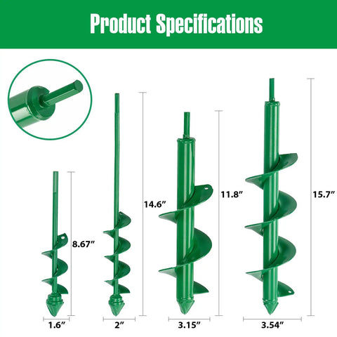 Fast Planting Auger Drill Bit Set for Garden 4 Pack Spiral Bits with specifications and dimensions shown