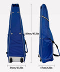 Blue fencing sword bag with roller bottom, displayed in side and front views, showcasing dimensions 110x34x17 cm.