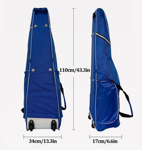 Blue fencing sword bag with roller bottom, displayed in side and front views, showcasing dimensions 110x34x17 cm.