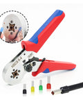 Kickstart Your Electrical Jobs With These Precision Mini Adjustable Ratchet Crimping Pliers Featuring Square Hexagon Terminal Ferrules For Wide Wire Compatibility And Serious Labor Saving Efficiency On Any Home Project Today. mini crimper with red blue handles