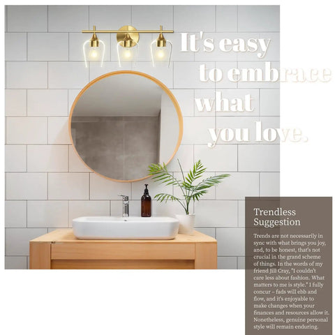 Gold Three Light Vanity Light Over Mirror For Bathroom Modern Wall Mount With Glass Shades Champagne Brass Finish