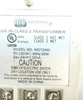 Label on MGT2450 Plug In Transformer 60W 120V AC To 24V AC Power Adapter showing specifications and safety warnings.