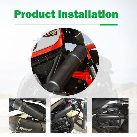 Rugged Off Road Motorcycle Tool Tube Waterproof Storage Box installation on bike frame, black polypropylene tube and clamps visible.