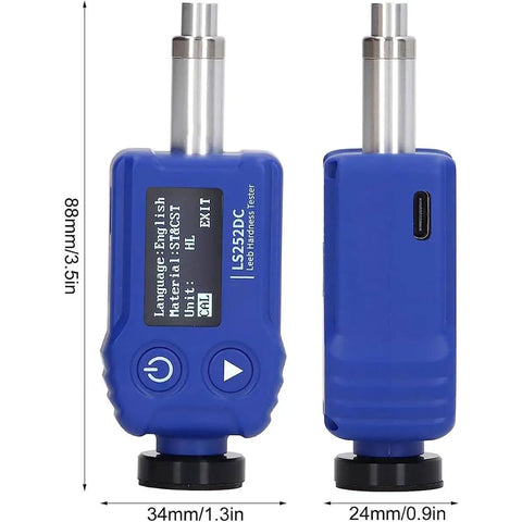7 in 1 Hardness Tester Kit for Metals with Rockwell Scales HL HV HB HRC HRB HRA HS, Pro Grade Carbide Impact Probe, 9 Set Data Storage, Durable Durometer Meter for Manufacturing and Metal Processing, Model LS252C, 88mm tester front and side