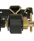 Close-up of One And A Half Inch Ladder Rack Ratchet Straps With J Hooks, 7 Foot Length, black powder coat steel mount.