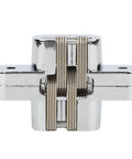 Concealed Cabinet Door Hinge Set, Heavy Duty Zinc Alloy, Silver Finish, Smooth Silent Operation, front view of hinge mechanism
