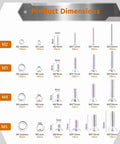 Stainless Steel Hex Socket Screws Set With Nuts And Washers, 304 Grade Handy Hardware Kit For Machines, Electronics, Woodwork And Home Do It Yourself Projects, Includes M2, M3, No 4 and M5 Sizes In 8mm, 12mm, 16mm, 20mm, Plus Four Hex Wrenches. Product dimensions chart with M2, M3, M4 and M5 screws, nuts, and washers.