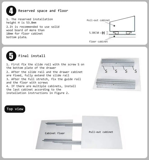 Installation guide for undermount heavy duty full extension drawer slides black 32 inch one pair, showing top and side views.