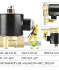 Three Eighths Inch Brass Electric Solenoid Valve 12 Volt DC Normally Closed For Water And Air Lines Direct Acting Wet Armature Valve Model 2W 040 10