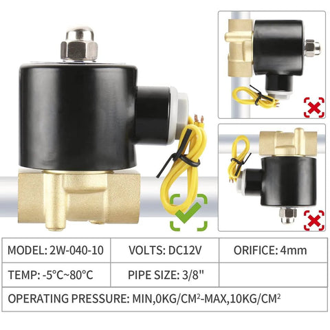 Three Eighths Inch Brass Electric Solenoid Valve 12 Volt DC Normally Closed For Water And Air Lines Direct Acting Wet Armature Valve Model 2W 040 10