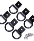 Rock Solid D Ring Tie Down Anchors Quarter Inch Heavy Duty Steel Load Holders Surface Mount Kit With Screws For Pickup Trucks Trailers Vans And Campers Weather Ready Black Six Piece Set with black steel D rings and screws.