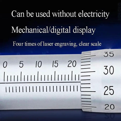 Close-up of Digital Outside Micrometer With 0.001mm Accuracy, featuring clear scale markings for precise measurements.