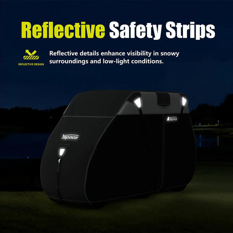 Built Tough Heavy Duty 600D Golf Cart Cover For 2 Plus 2 Seats Universal Fit Waterproof with reflective strips at night.