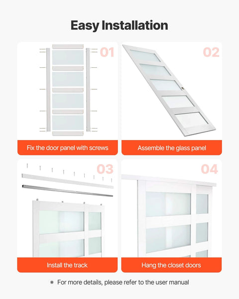 Step-by-step installation guide for Space Saving Sliding Closet Doors Kit For 60 Inch Opening, 31 Inch Panels, 80 Inch High Frosted Glass.