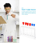 Scientist with Clear Plastic Test Tube Rack For Lab And Classroom Use Holds Multiple Tubes With Color Caps, Durable Stand