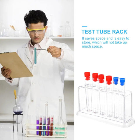 Scientist with Clear Plastic Test Tube Rack For Lab And Classroom Use Holds Multiple Tubes With Color Caps, Durable Stand