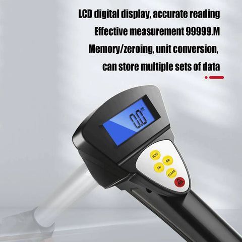 Close-up of the HD LCD screen on the Straight Shooter Hand Pushed Measuring Wheel And Portable Telescoping Distance Tracker With Hd Lcd Screen Fast Unit Toggle And Memory Store For Quick Yard Or Road Work.