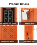 4 In 1 Gas Detector With O2, H2S, CO, And LEL Sensing, front display, clip design, sensor layout, USB port shown in orange device