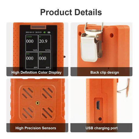 4 In 1 Gas Detector With O2, H2S, CO, And LEL Sensing, front display, clip design, sensor layout, USB port shown in orange device