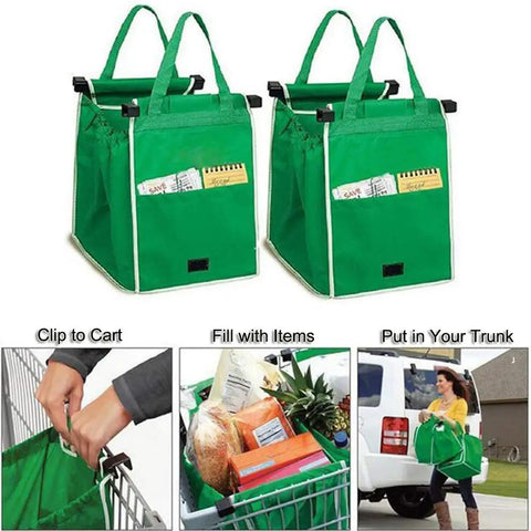 Two Pack Reusable Shopping Cart Trolley Bags Clip On Collapsible Grocery Tote Bags With Handles For Easy Grab And Go Transport