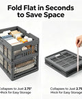 Slick Gray Foldable Storage Basket With Durable Carry Handle, 18.7 Inch Wide Collapsible Closet Bin For Bedroom Shelving And Under Bed Use, Holds Up To 26 Pounds No Sweat, shown collapsed and storing items.