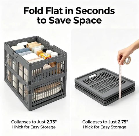 Slick Gray Foldable Storage Basket With Durable Carry Handle, 18.7 Inch Wide Collapsible Closet Bin For Bedroom Shelving And Under Bed Use, Holds Up To 26 Pounds No Sweat, shown collapsed and storing items.