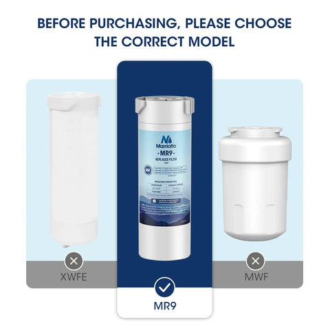 Comparison of XWF, MR9, and MWF refrigerator water filters highlighting MR9 as the compatible choice, central in the image.