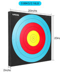 Backyard Archery Target in 20x20x2 Inch High Density EVA Foam showing dimensions and weight, blue, red, yellow target rings.