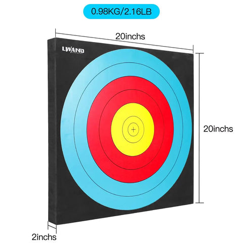 Backyard Archery Target in 20x20x2 Inch High Density EVA Foam showing dimensions and weight, blue, red, yellow target rings.