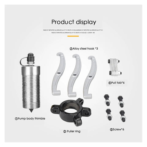 Badass Heavy Duty Split Hydraulic Bearing Puller Kit With Two Claw And Three Claw Gear Removal Tool displayed parts: pump thimble, hooks, puller ring.