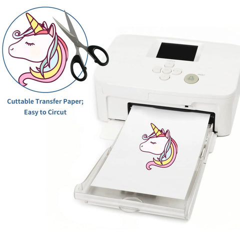 Printer producing unicorn design on Light T Shirt Heat Transfer Paper Pack 10 Sheets 8.5x11 Printable HTV for Inkjet and LaserJet Printers.