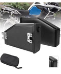 Ride Ready Waterproof Motorcycle Toolbox Left Side Carrying Case With Drop In Storage Pouch Heavy Duty Tool Stash Locker for 1200 and 1250 Models 14 to 23, black tool box with shiny latches and storage pouch.